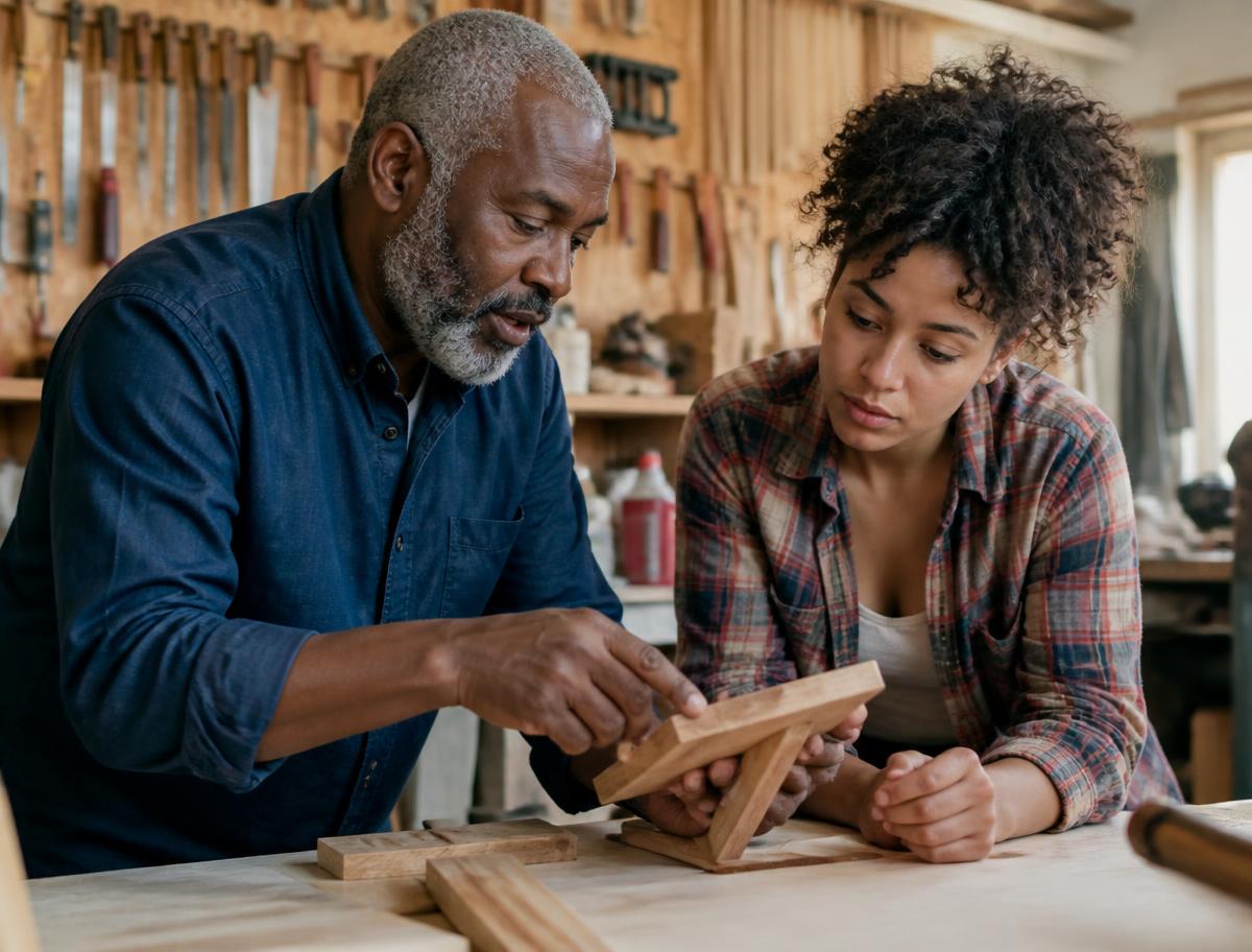 Un senior et une jeune femme bricolent ensemble dans un atelier