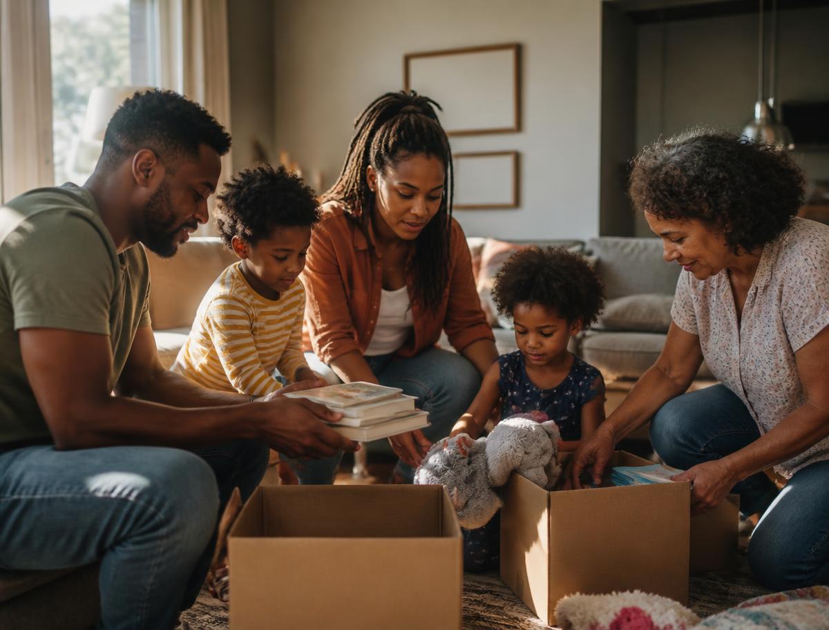 Une famille trie des livres et des jouets pour leur donner une seconde vie