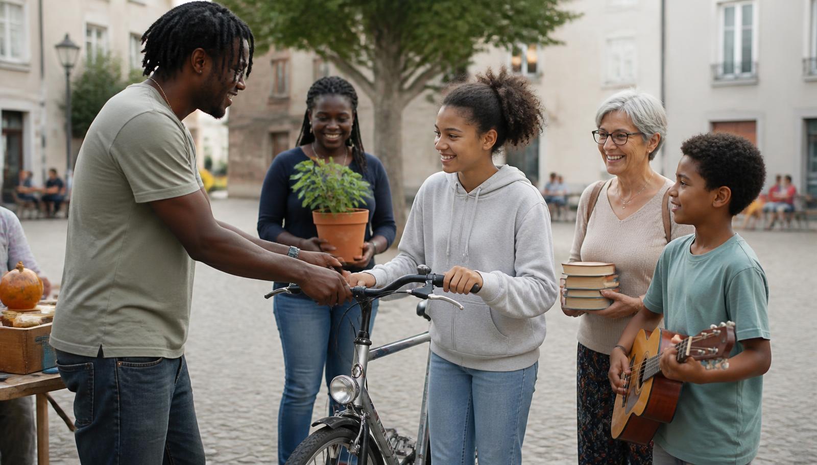 Des membres de tous âges échangent un vélo, une plante, un livre et une guitare