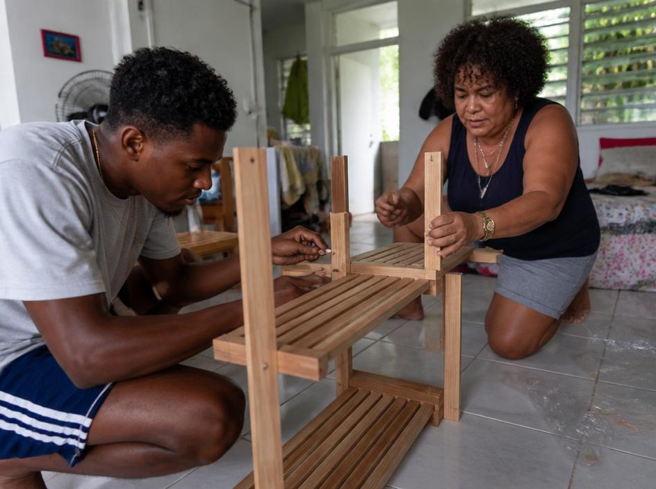 Deux voisins montent ensemble une étagère en bois, en entraide entre particuliers