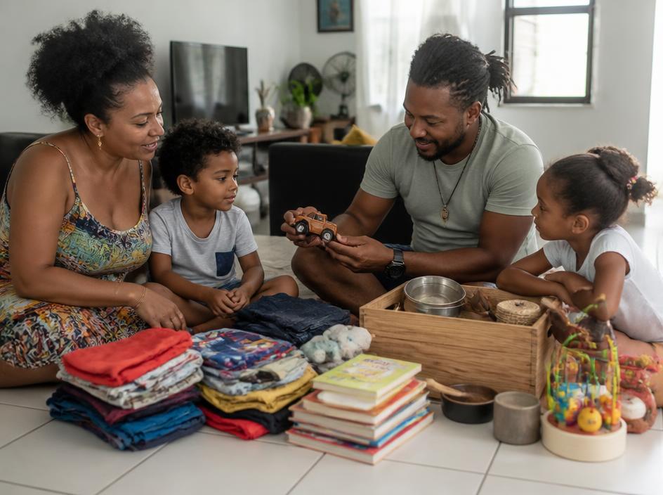 Une famille rassemble vêtements, jouets, livres et petits objets de maison à proposer au troc