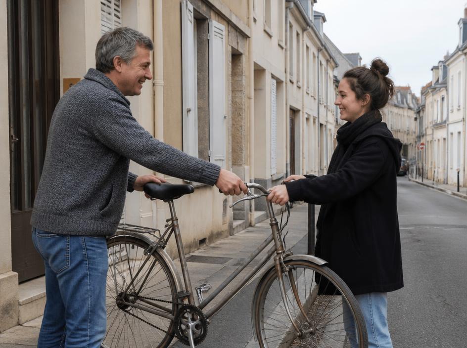 Un homme confie son vélo de ville à une jeune femme dans une rue résidentielle