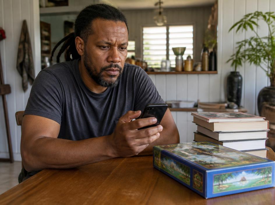 Un homme consulte une proposition d'échange sur son téléphone, à côté du jeu et des livres qu'il propose