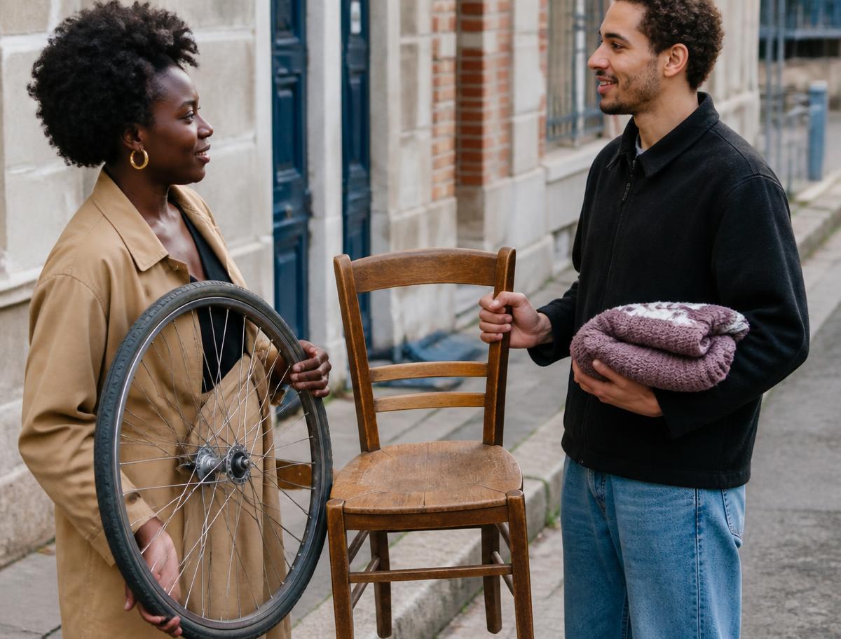 Des membres échangent une roue de vélo, une chaise et un pull