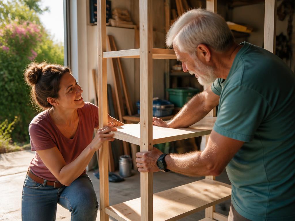 Deux voisins montent ensemble une étagère dans un atelier