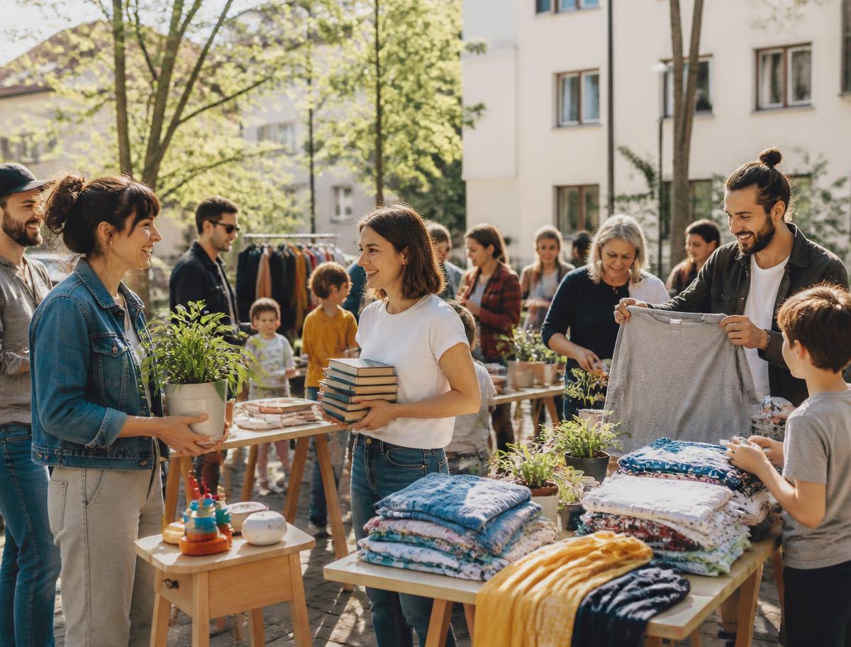 Des voisins de tous âges échangent vêtements, livres et plantes sur une place ensoleillée