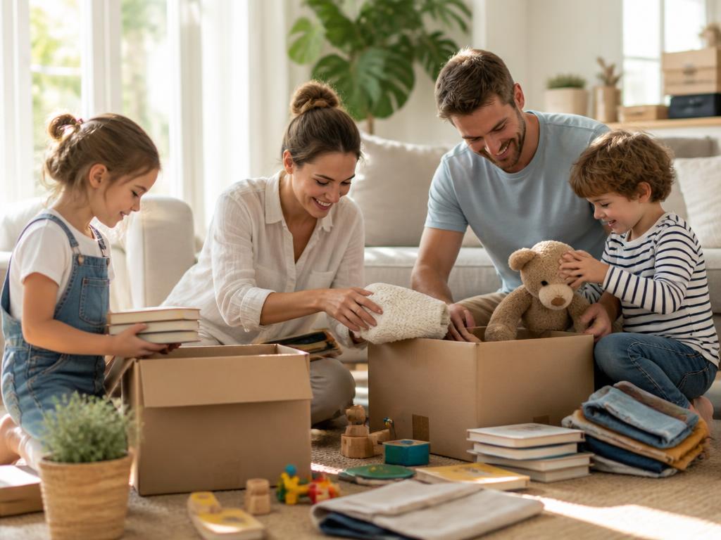Une jeune famille trie livres, jouets et vêtements pour leur donner une seconde vie