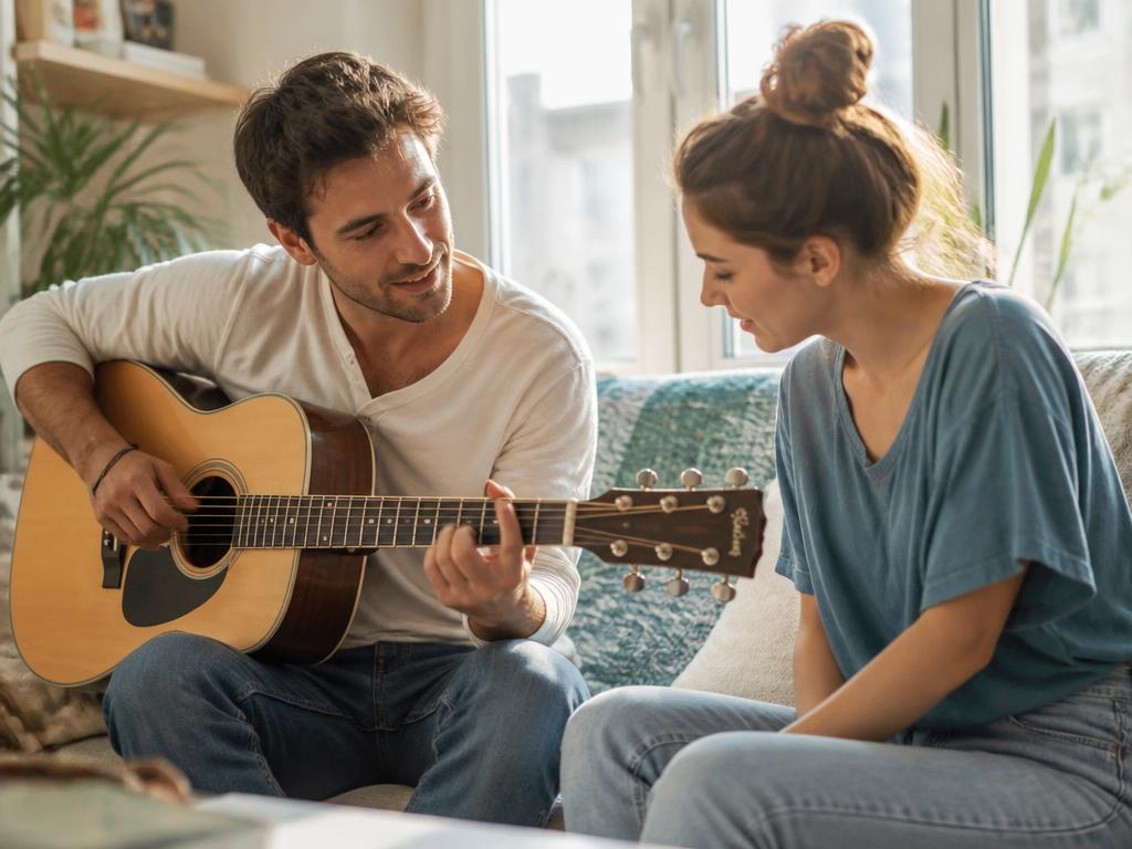 Un jeune homme donne un cours de guitare en échange d'un service