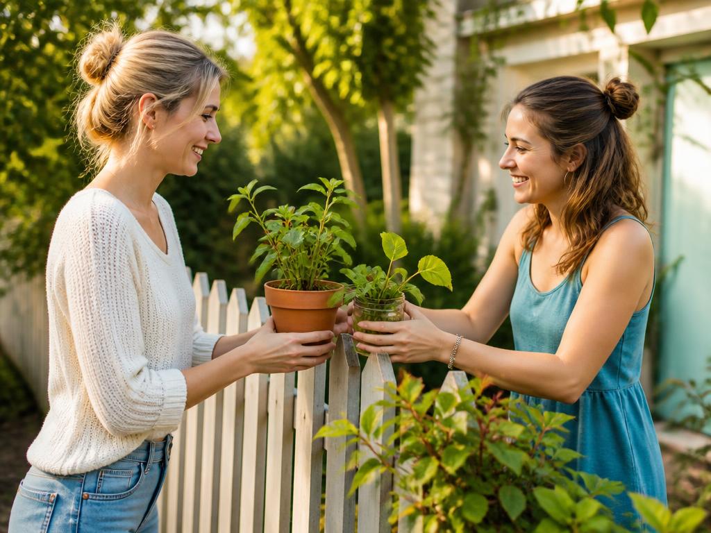 Deux jeunes femmes échangent des plantes par-dessus une clôture de jardin
