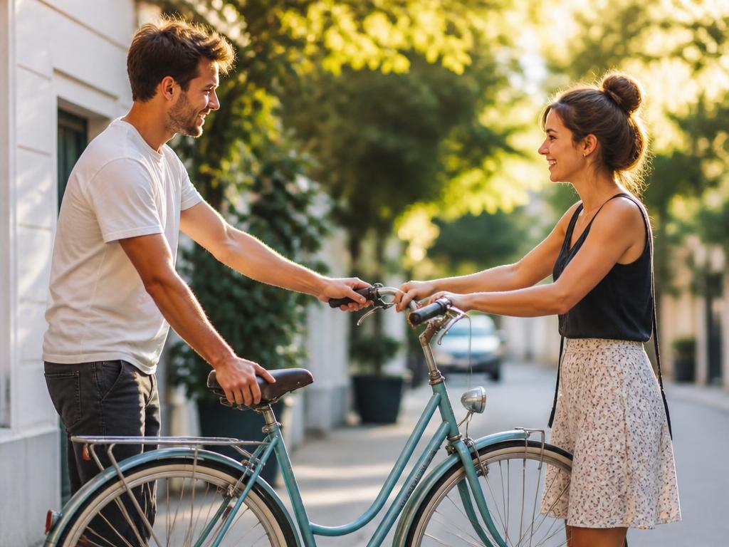 Un jeune homme confie son vélo vintage à une jeune femme dans la rue