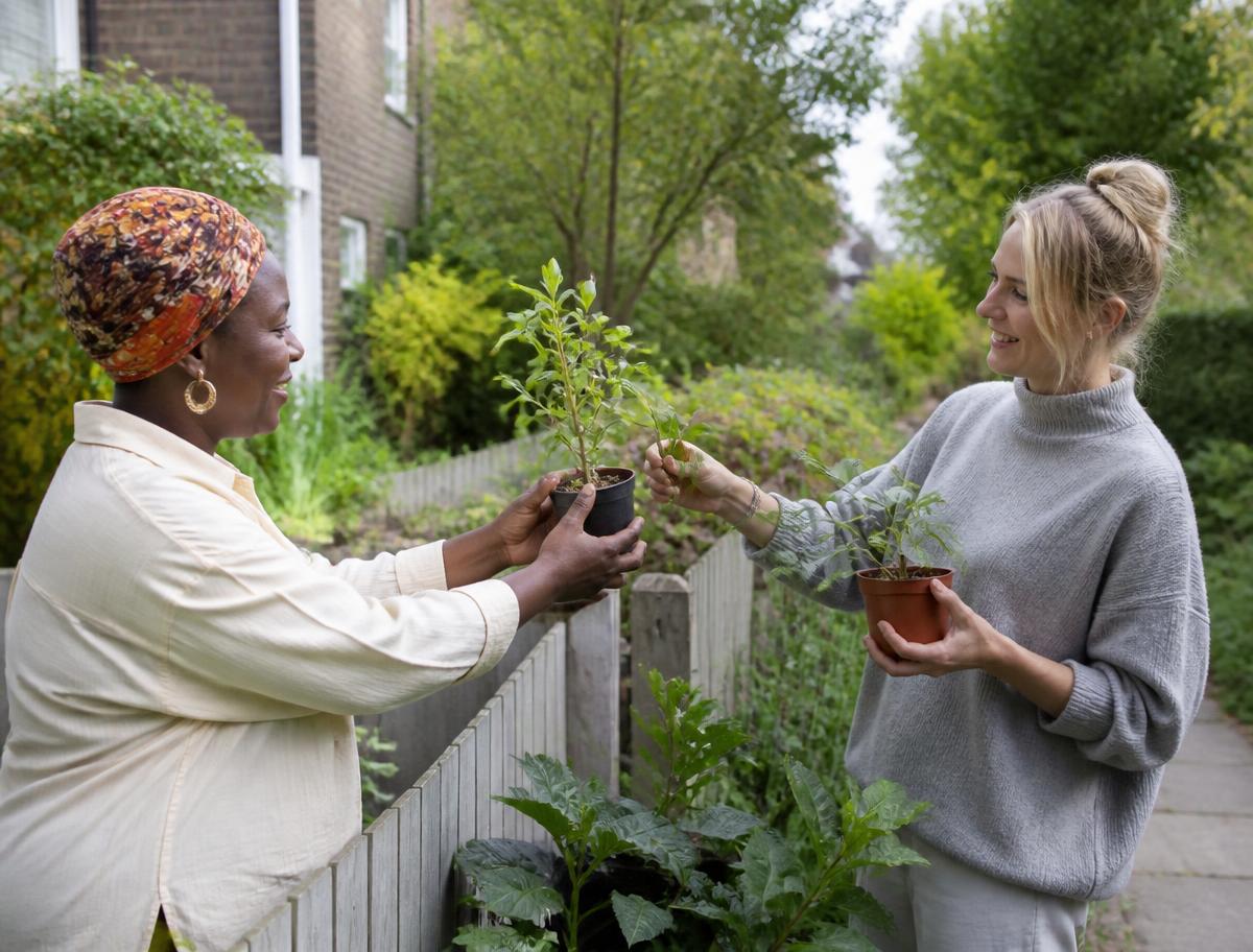Deux voisines échangent des plantes par-dessus une clôture de jardin